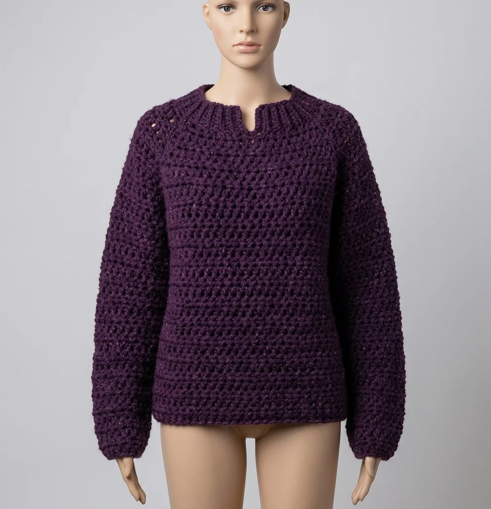 Raglan yoke of a crochet sweater worked top down