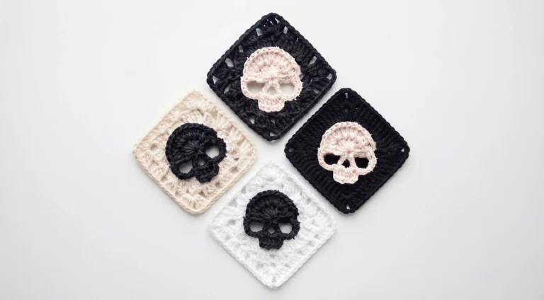 Crochet skull granny square with raised skull motif