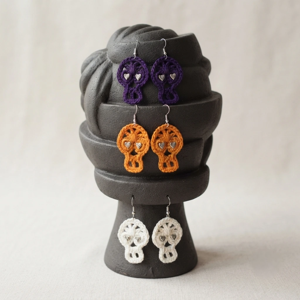 Gothic crochet skull earrings on ear wires