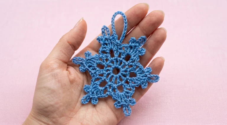 blue lacy crochet snowflake ornament placed on hand plam