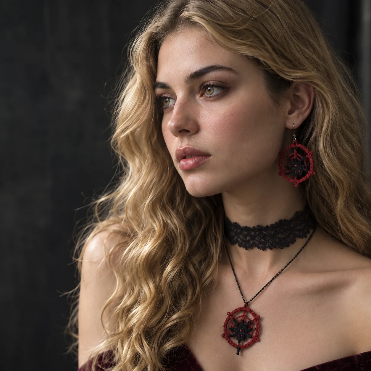 model wearing Red crochet spider web earrings and necklace with dangling black spider