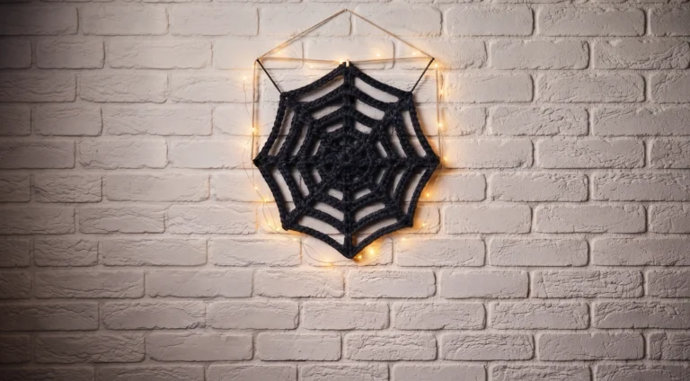 Stiffened crochet spider web with curved threads