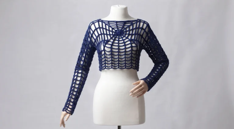 Blue crochet spider web crop top with lacy web motif at mannequin