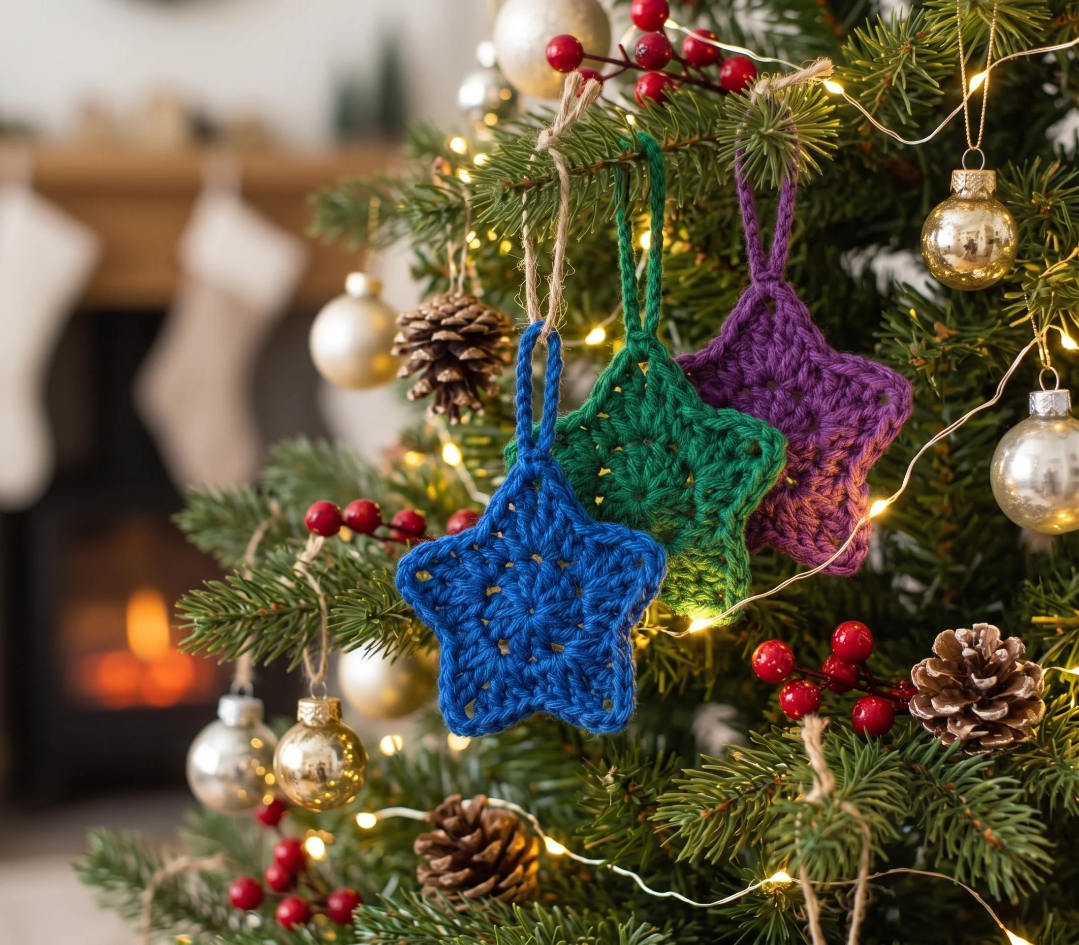 Crochet Christmas star hanging on tree with jute cord