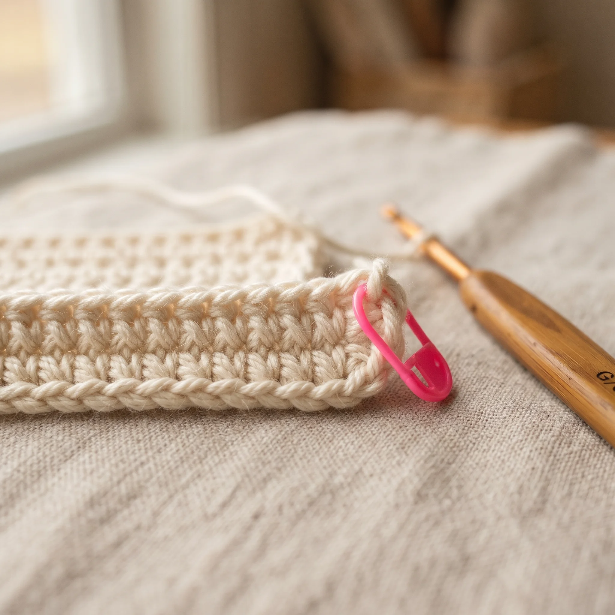 Stitch marker placed in the last stitch of a crochet row