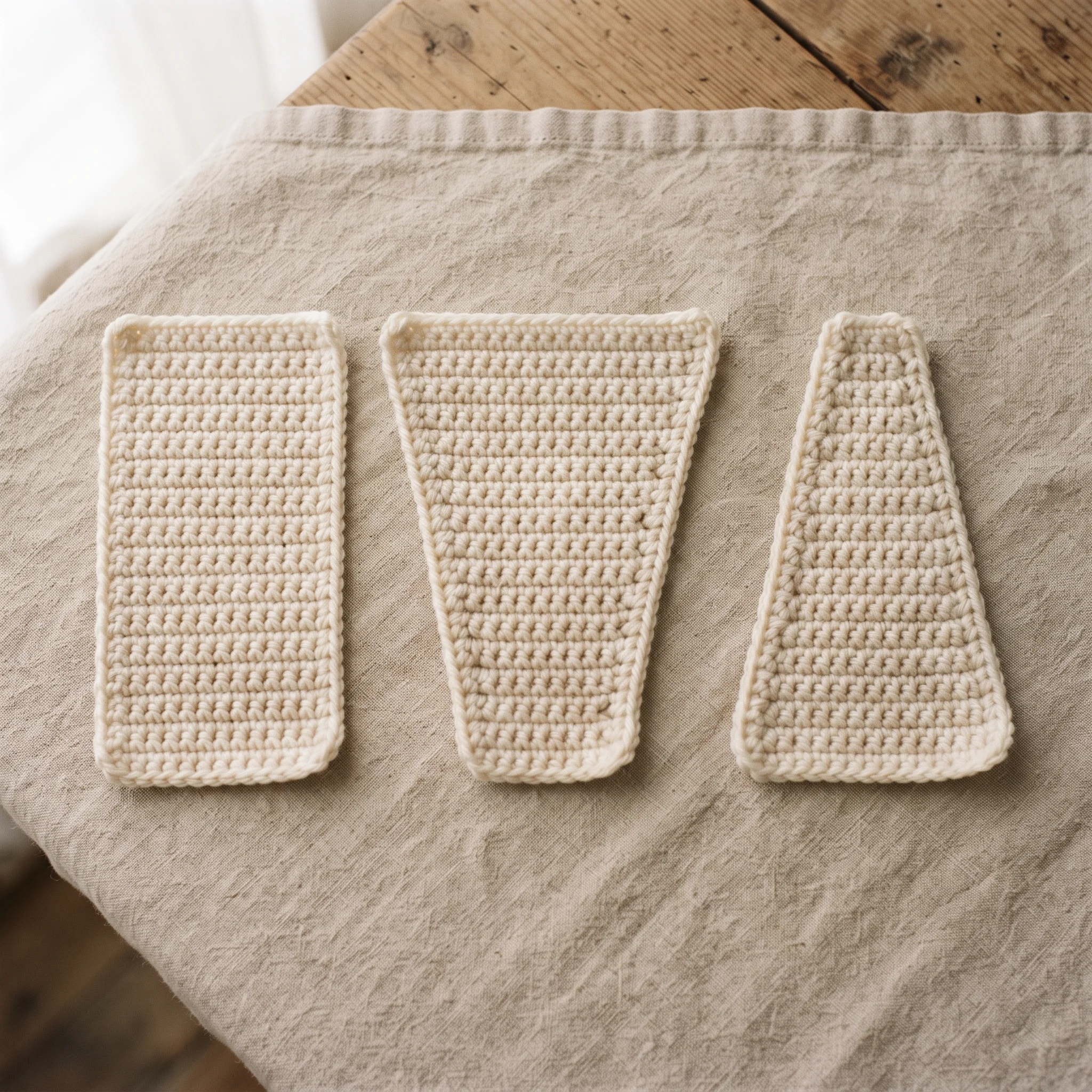 Three crochet swatches showing straight, widening and narrowing edges