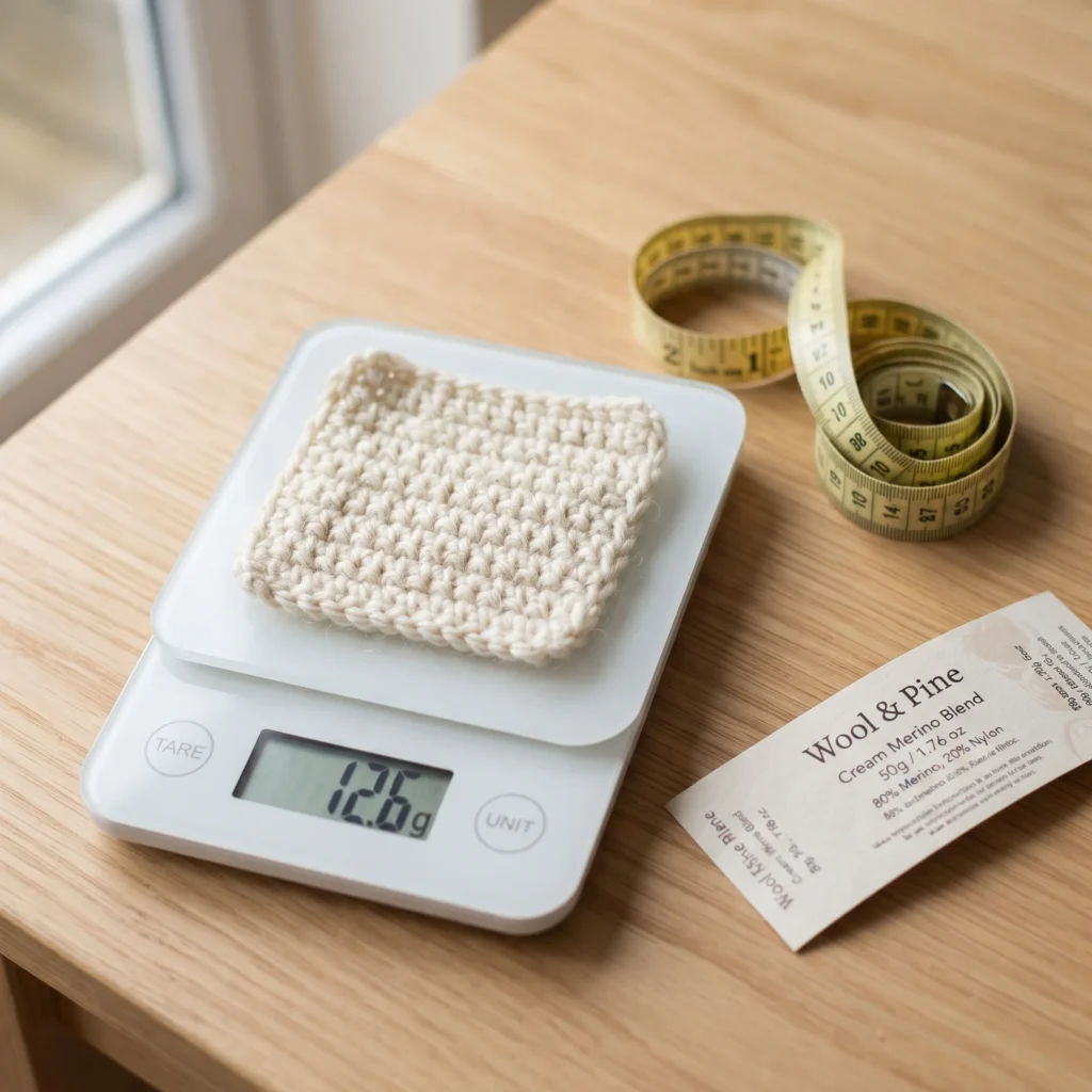 Crochet swatch on a kitchen scale beside a tape measure for estimating blanket yarn