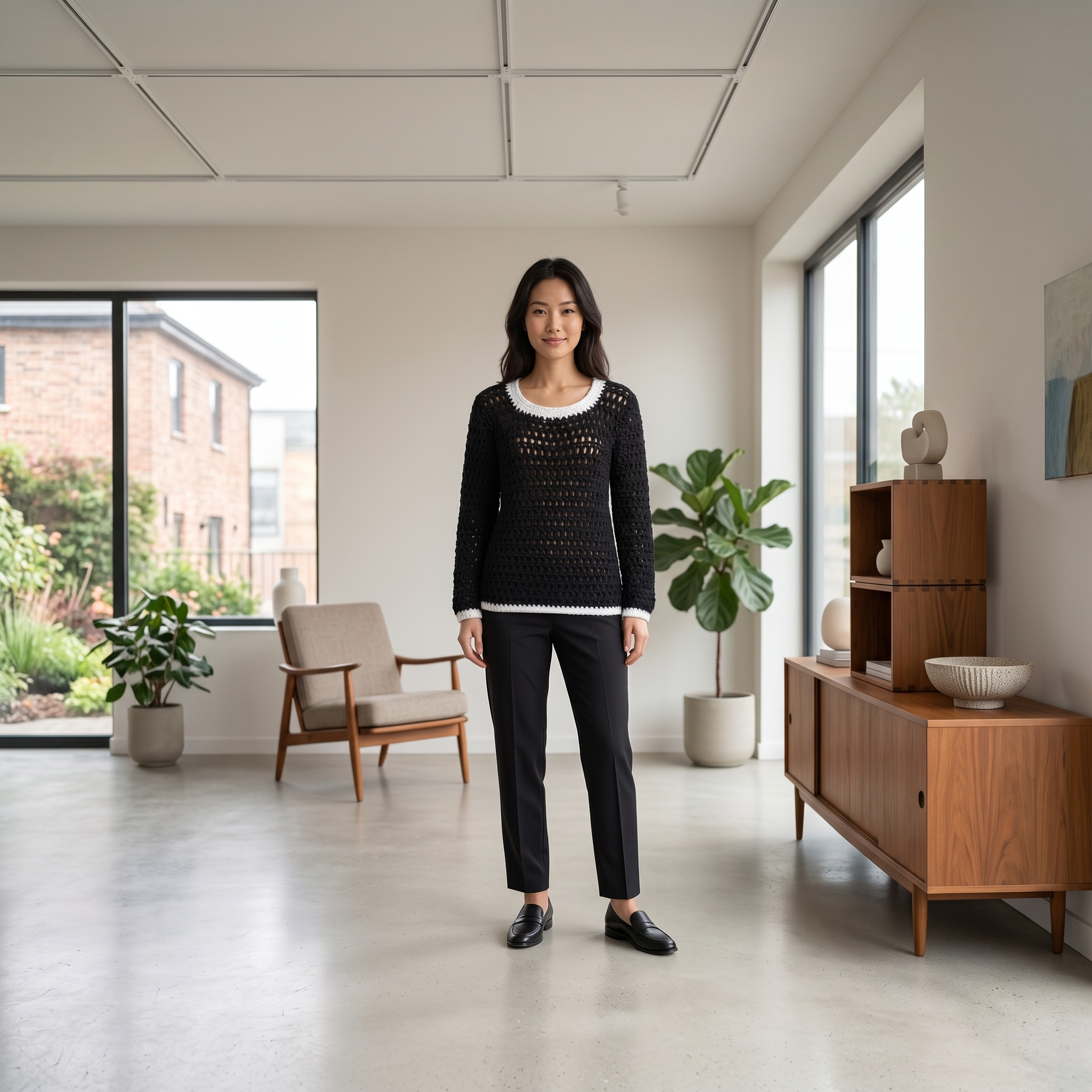 lady wearing crochet sweater contrast hem with jeans