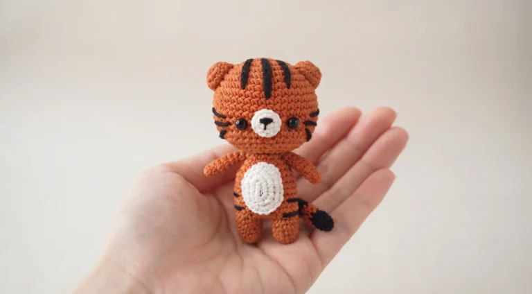 Cute mini crochet tiger amigurumi with black stripes in hand plam