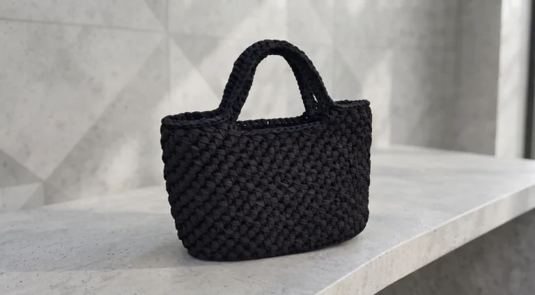 Big black crochet tote bag with woven texture in ribbon cord