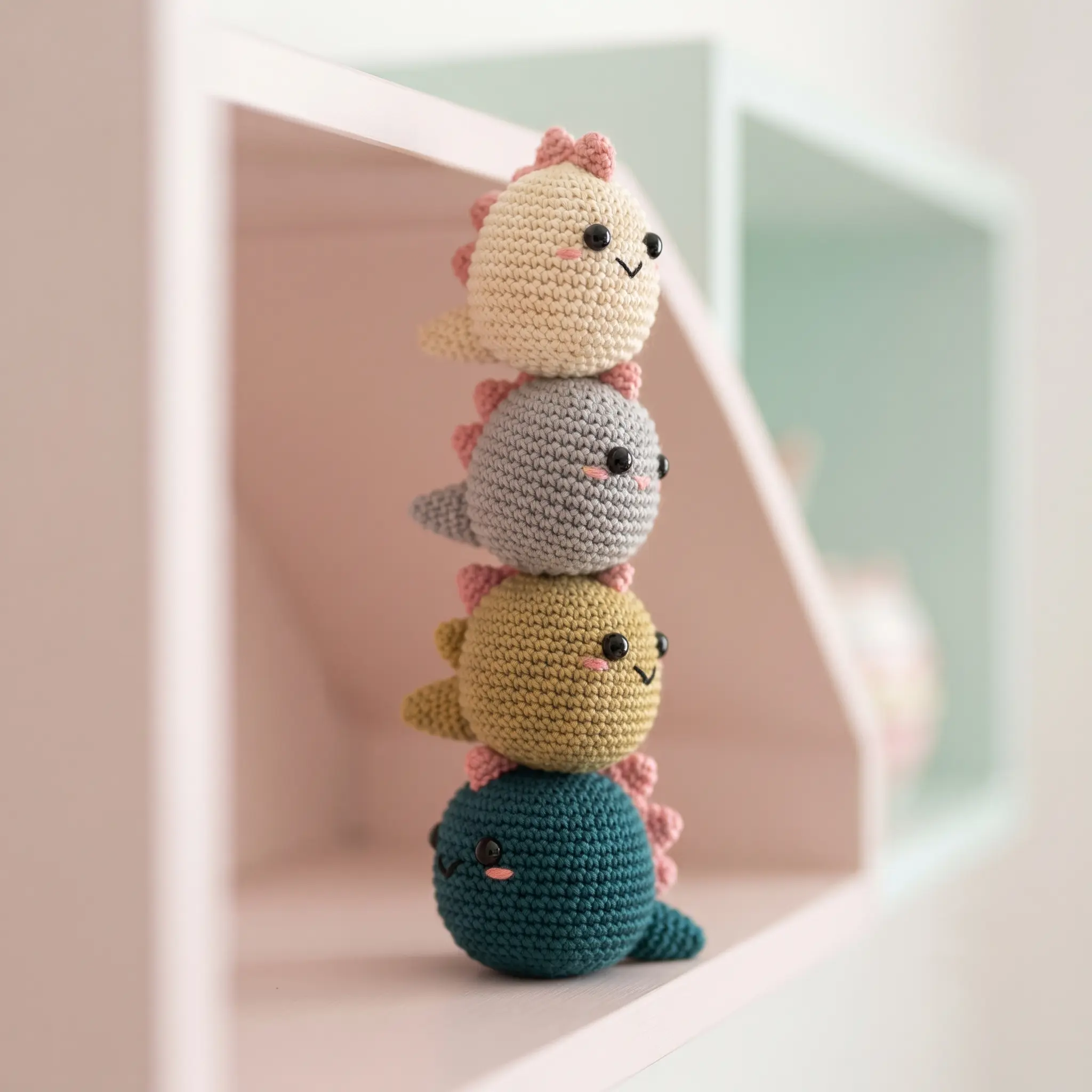 Side view of crochet dino showing tail and spikes