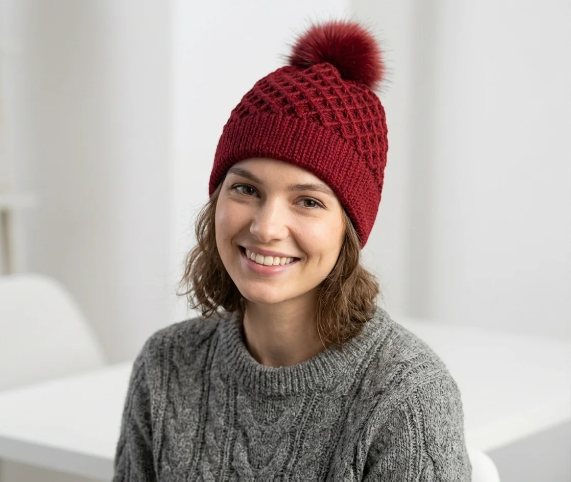 Close up of diamond cable texture on a crochet hat wearing by a girl