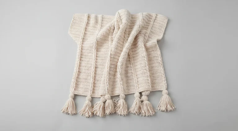 Textured crochet blanket with raised ribs and tassels