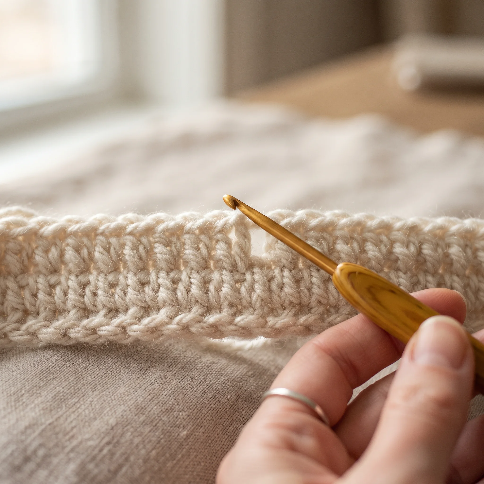 Crochet hook pointing to the vertical post of a double crochet stitch