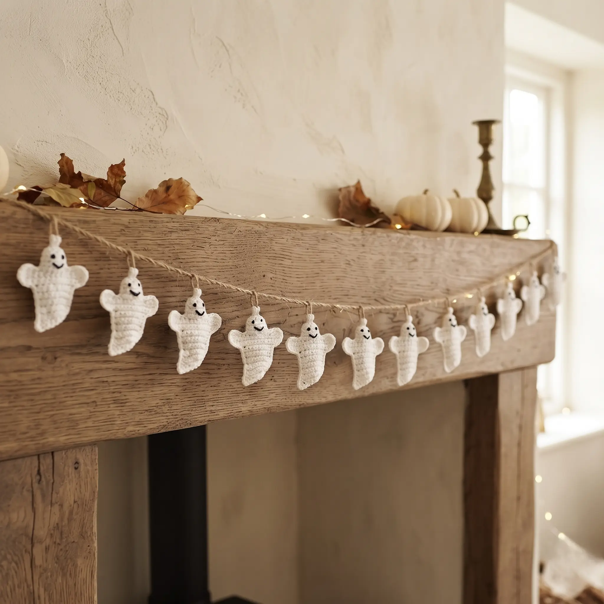 Crochet ghost garland with cute and spooky faces