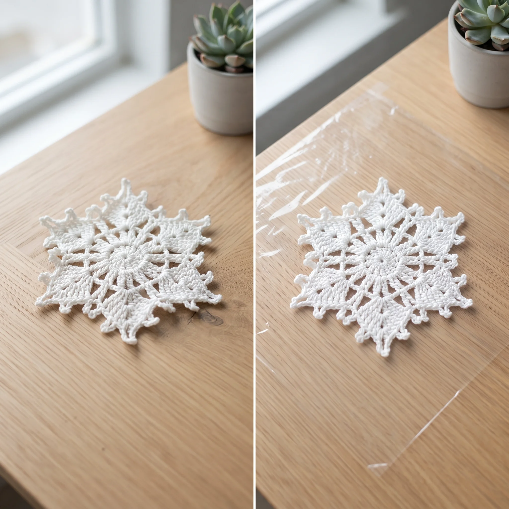Soft drooping crochet snowflake beside a crisp stiffened snowflake