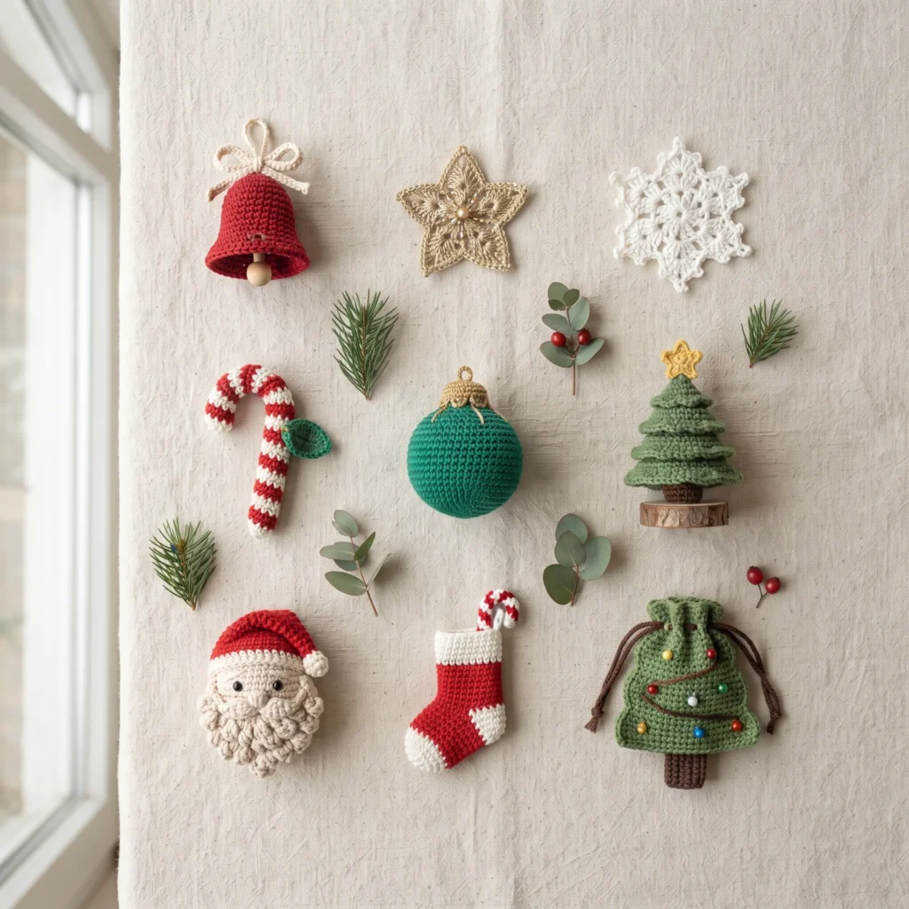 Nine handmade Christmas crochet projects including ornaments, amigurumi and a tree bag