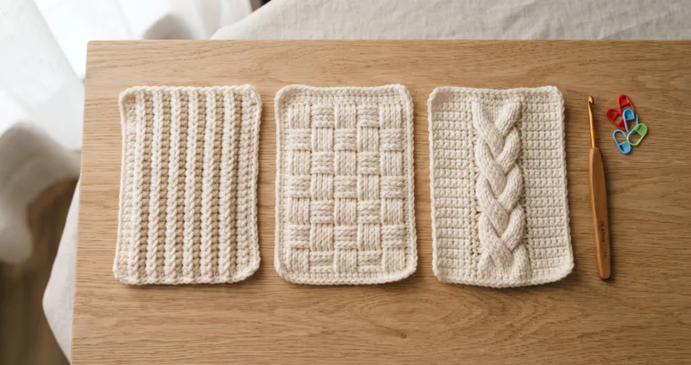 Front post double crochet swatches with ribbing, basketweave and a cable