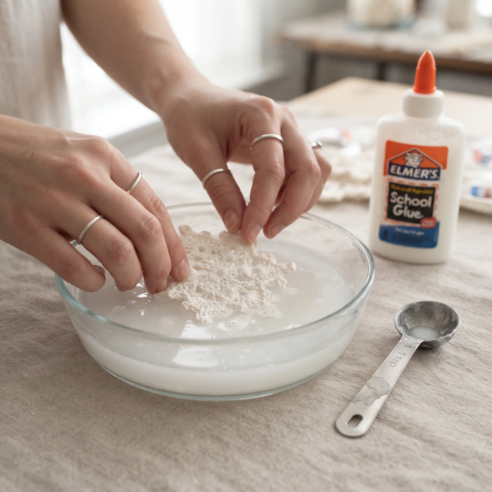 Hands soaking a crochet snowflake in a dish of glue and water stiffener