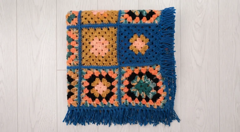 Chunky granny square blanket in blue and peach with black joins and fringe