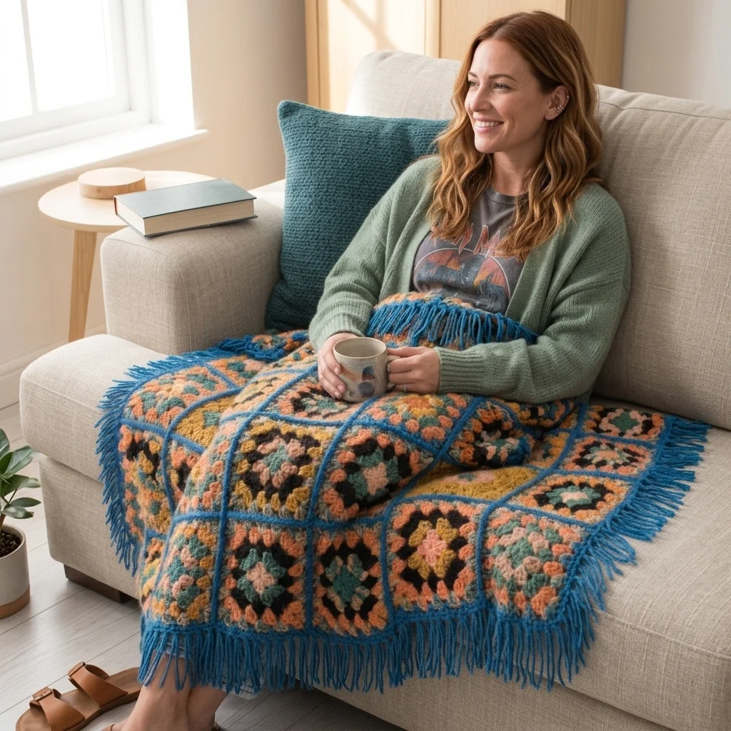 Granny square throw blanket draped over a lady sitting on a sofa