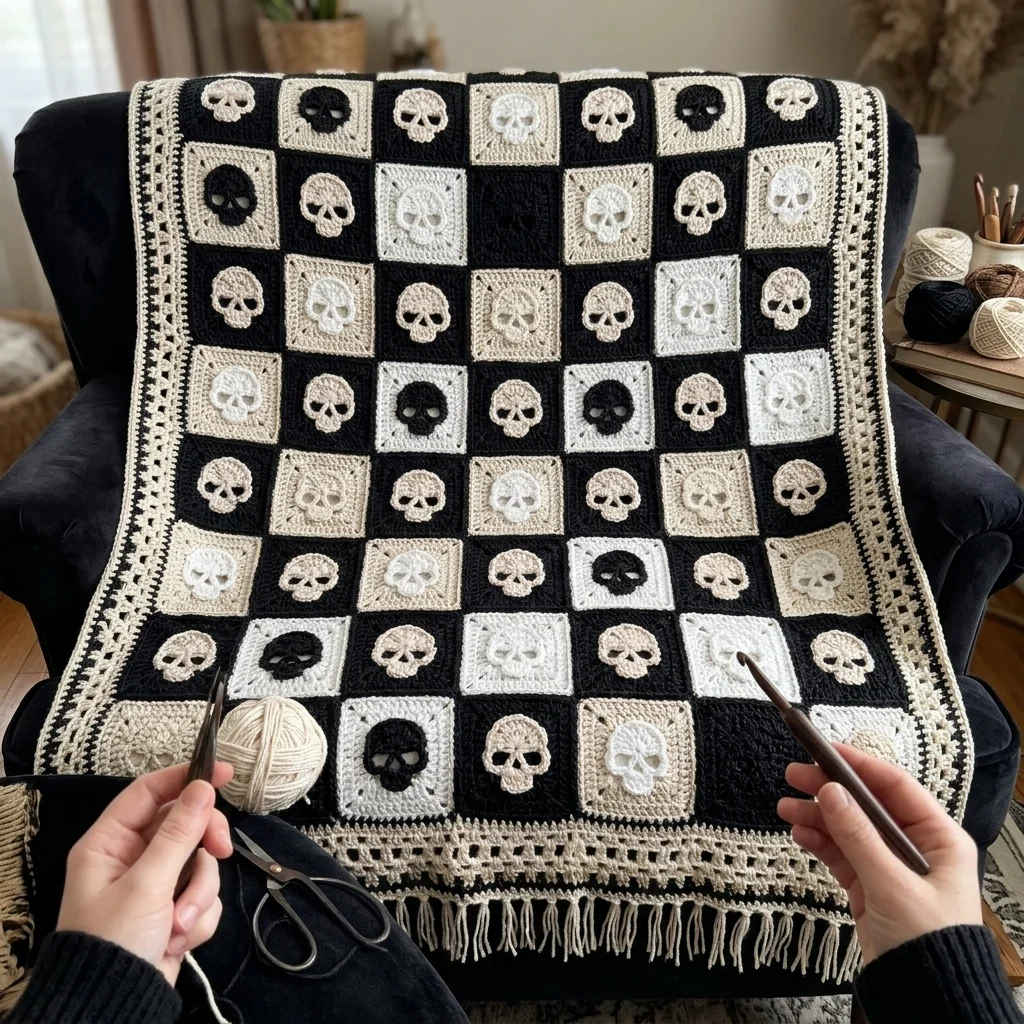 Skull granny squares joined into a Halloween blanket