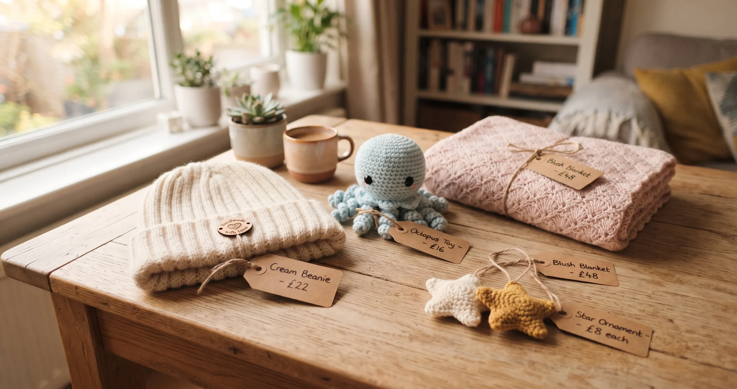 Handmade crochet beanie, amigurumi, baby blanket and ornaments with kraft paper price tags