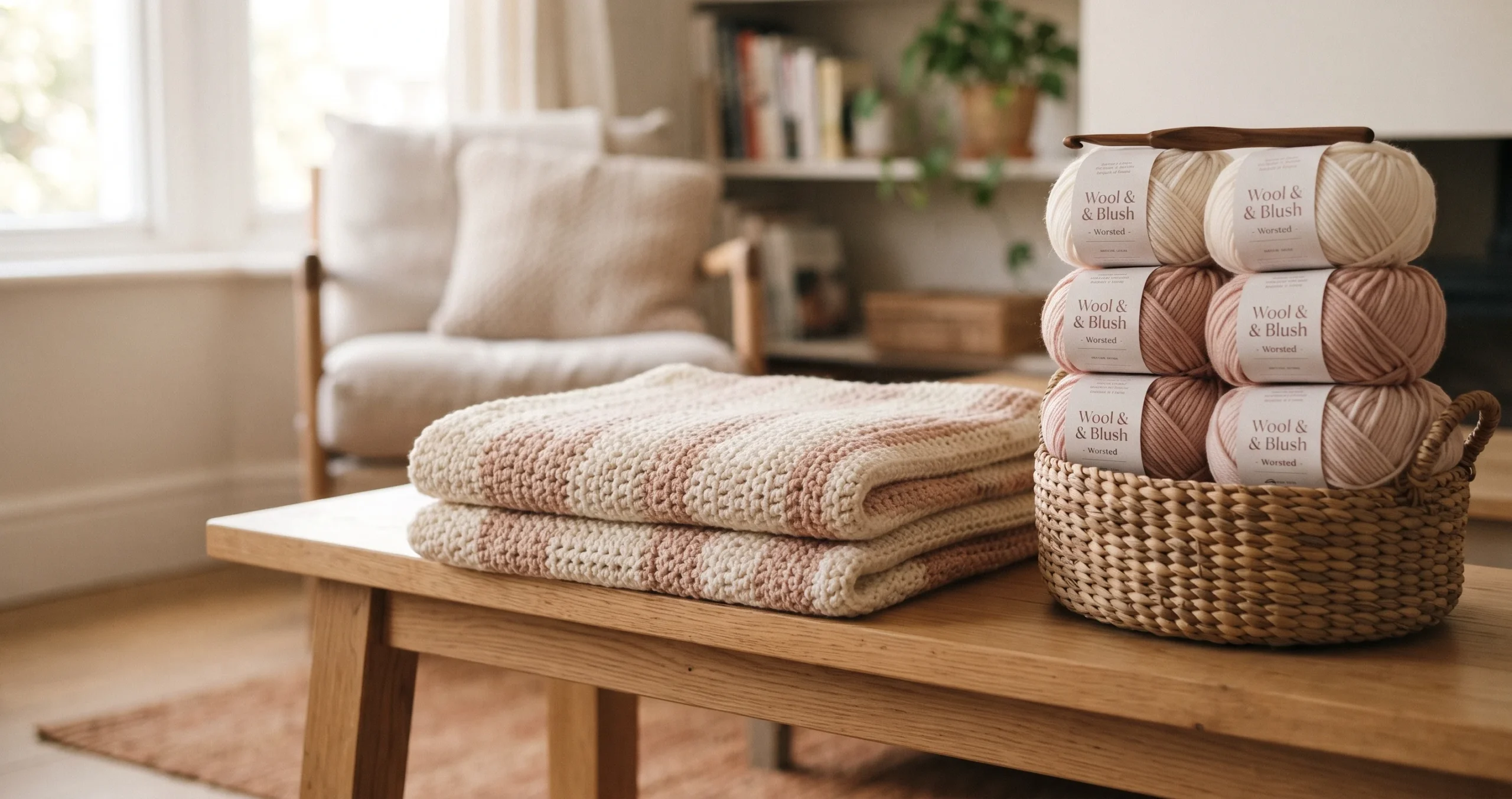 Folded crochet throw blanket beside a basket of matching yarn skeins