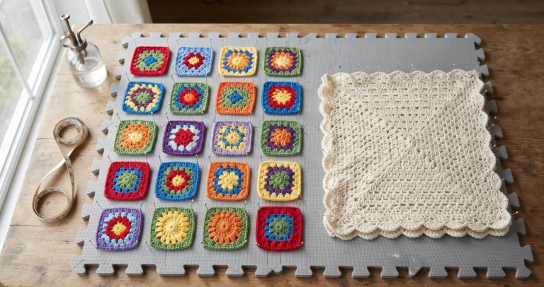 How to block crochet granny squares and a blanket on foam blocking mats