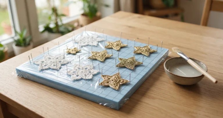 Crochet snowflakes and stars pinned on a blocking board beside a bowl of glue stiffener