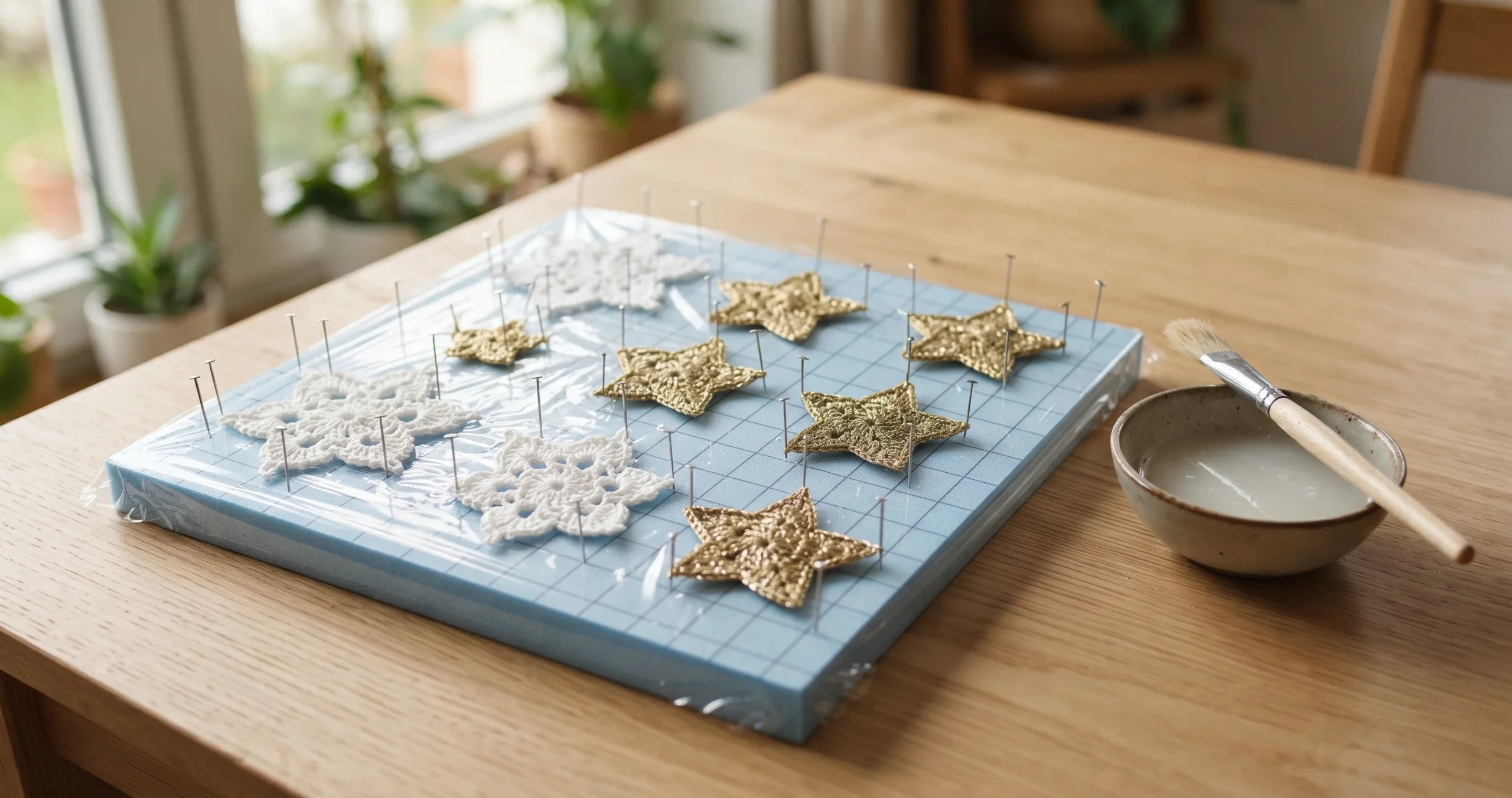 Crochet snowflakes and stars pinned on a blocking board beside a bowl of glue stiffener