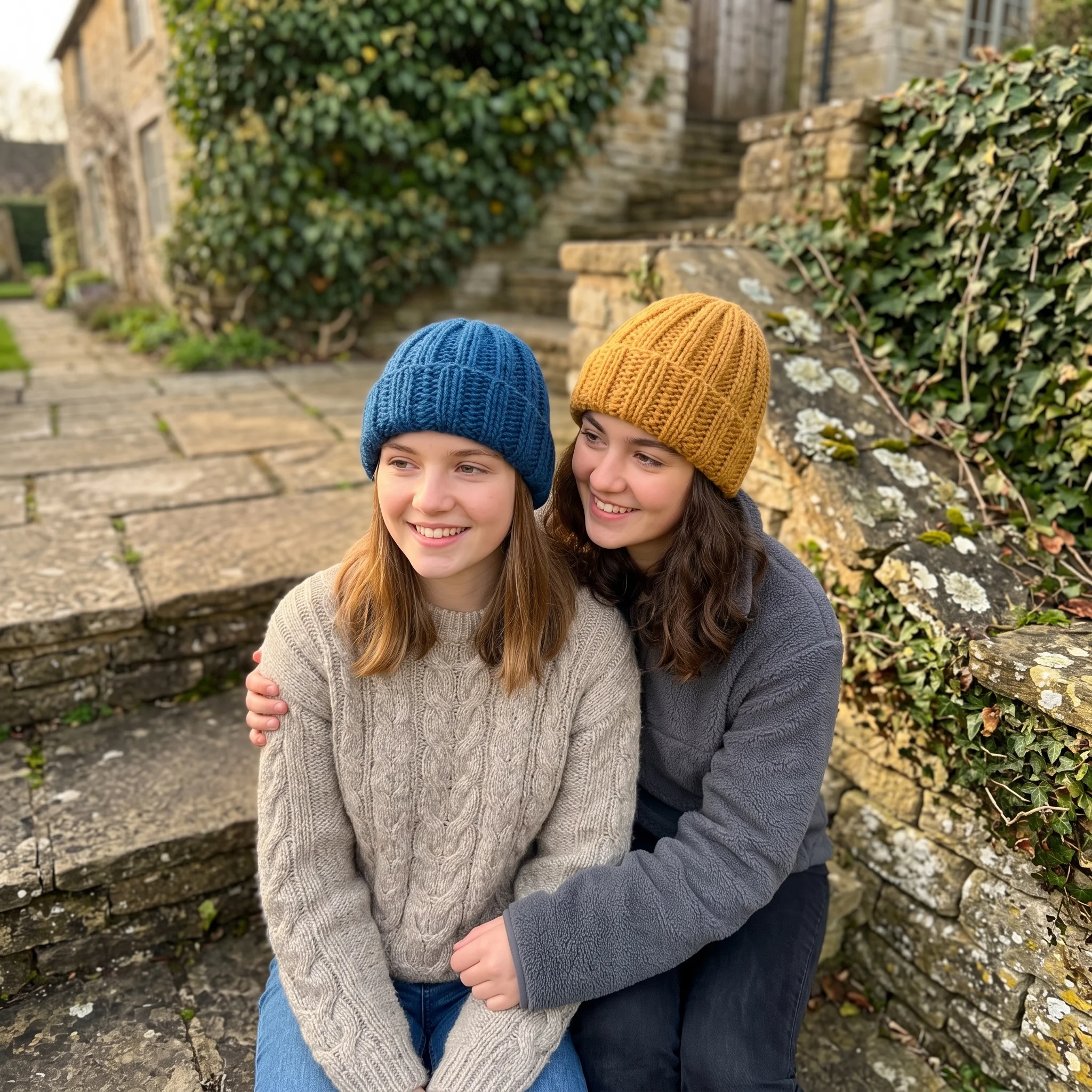 2 kids wearing the bulky crochet ribbed beanie outside