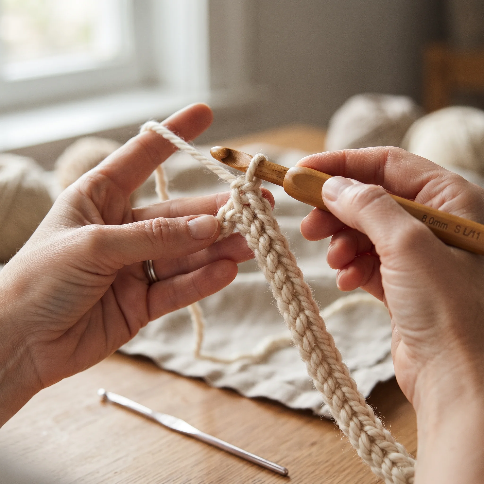 Hands making a foundation chain with a larger crochet hook