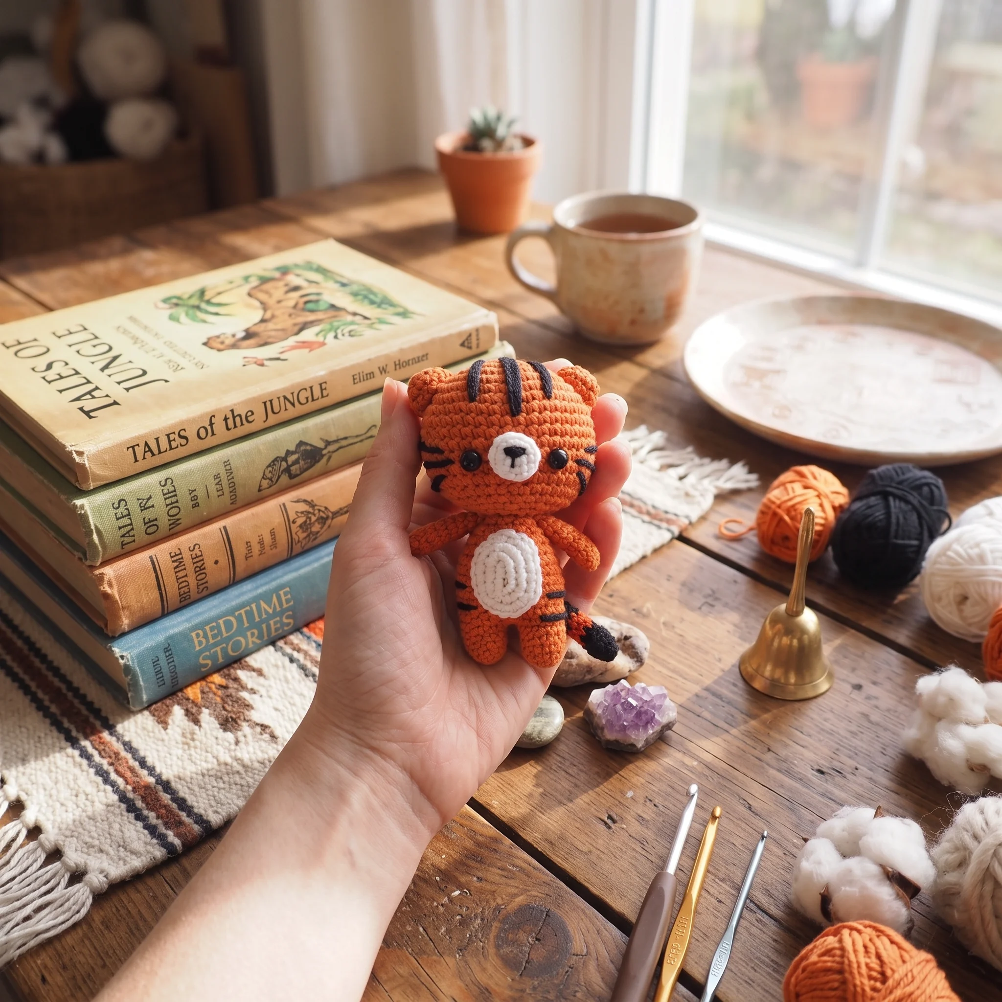 mini crochet cute little tiger holding in hand