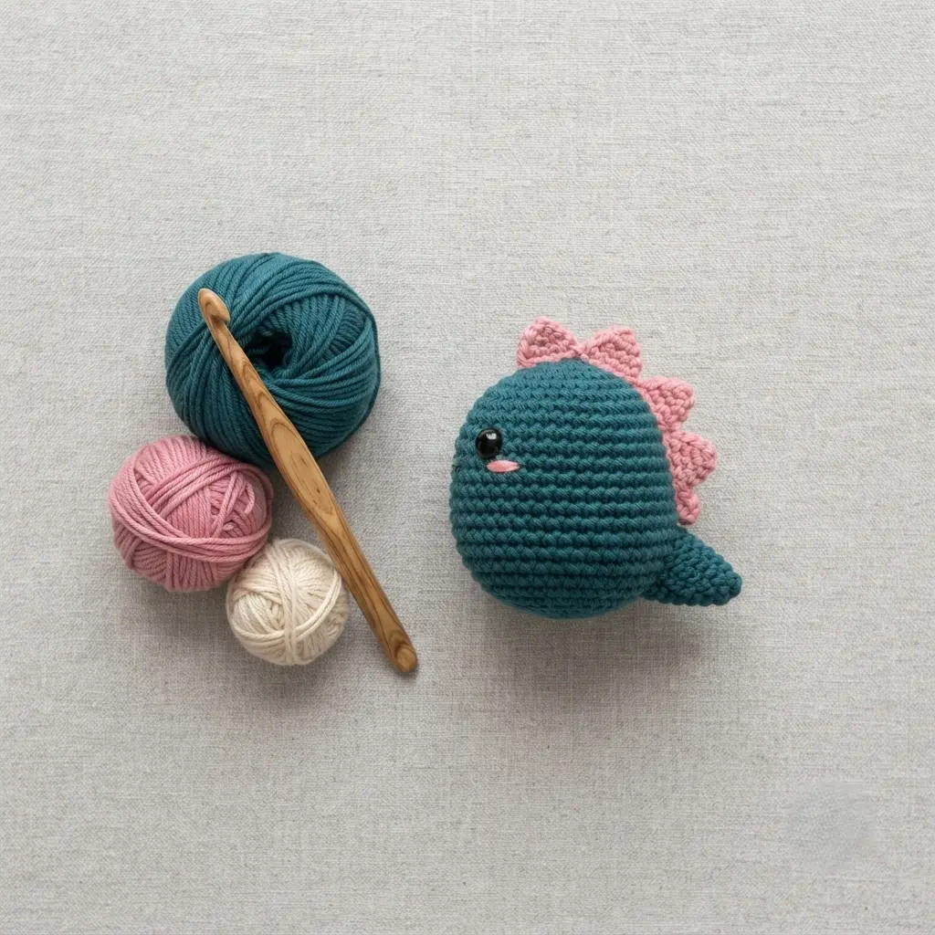 Kawaii amigurumi dinosaur with safety eyes and smile