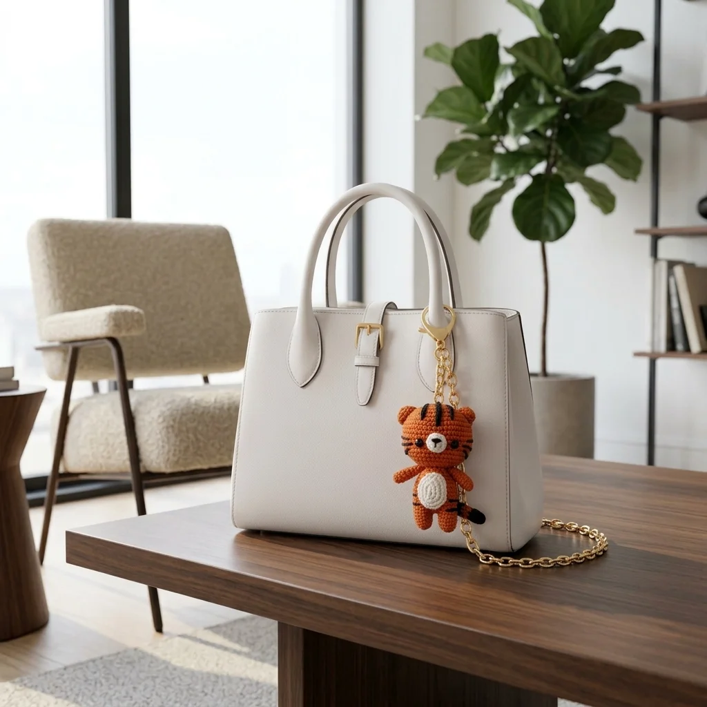 mini crochet tiger keychain hanging on handbag