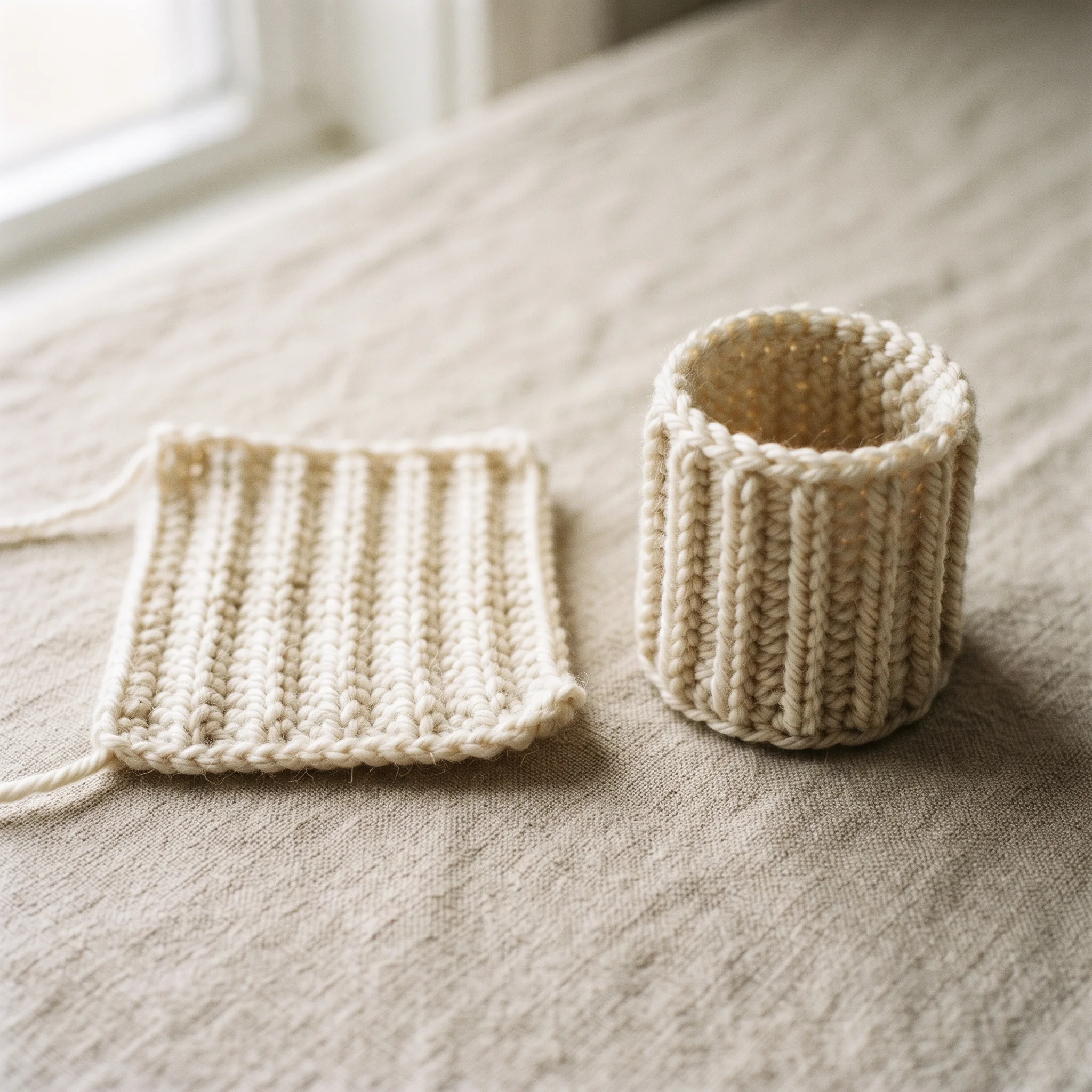 Two crochet swatches with raised post stitch columns in rows and in rounds