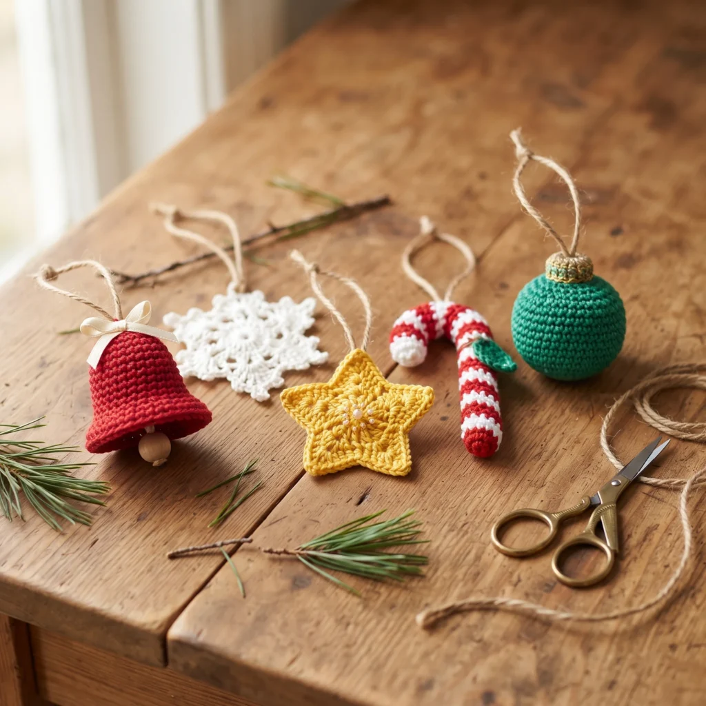 Crochet bell, snowflake, star, candy cane and bauble ornaments on a wooden table