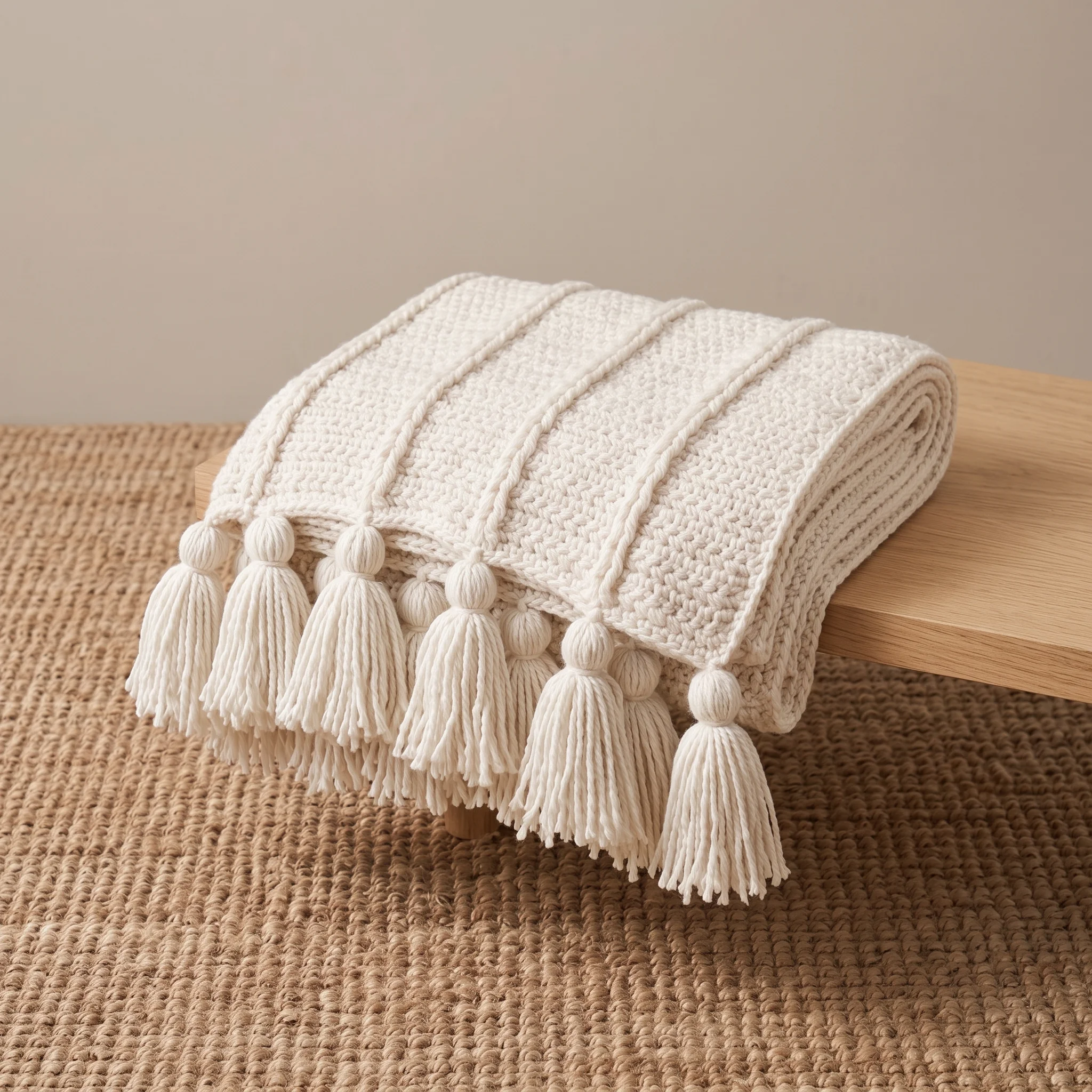 Folded ribbed crochet textured blanket placed on the edge of table