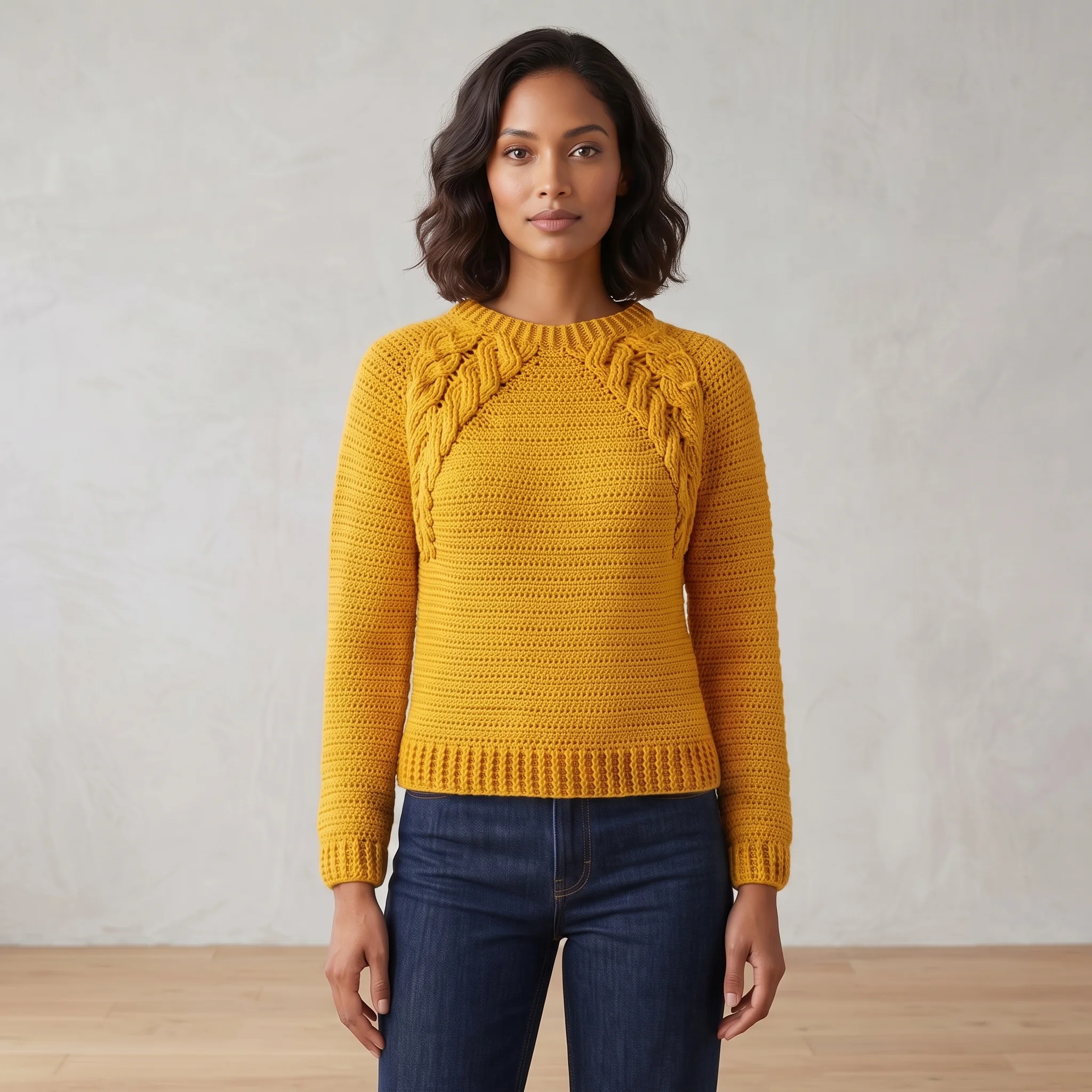 Seamless top down crochet pullover worn with jeans