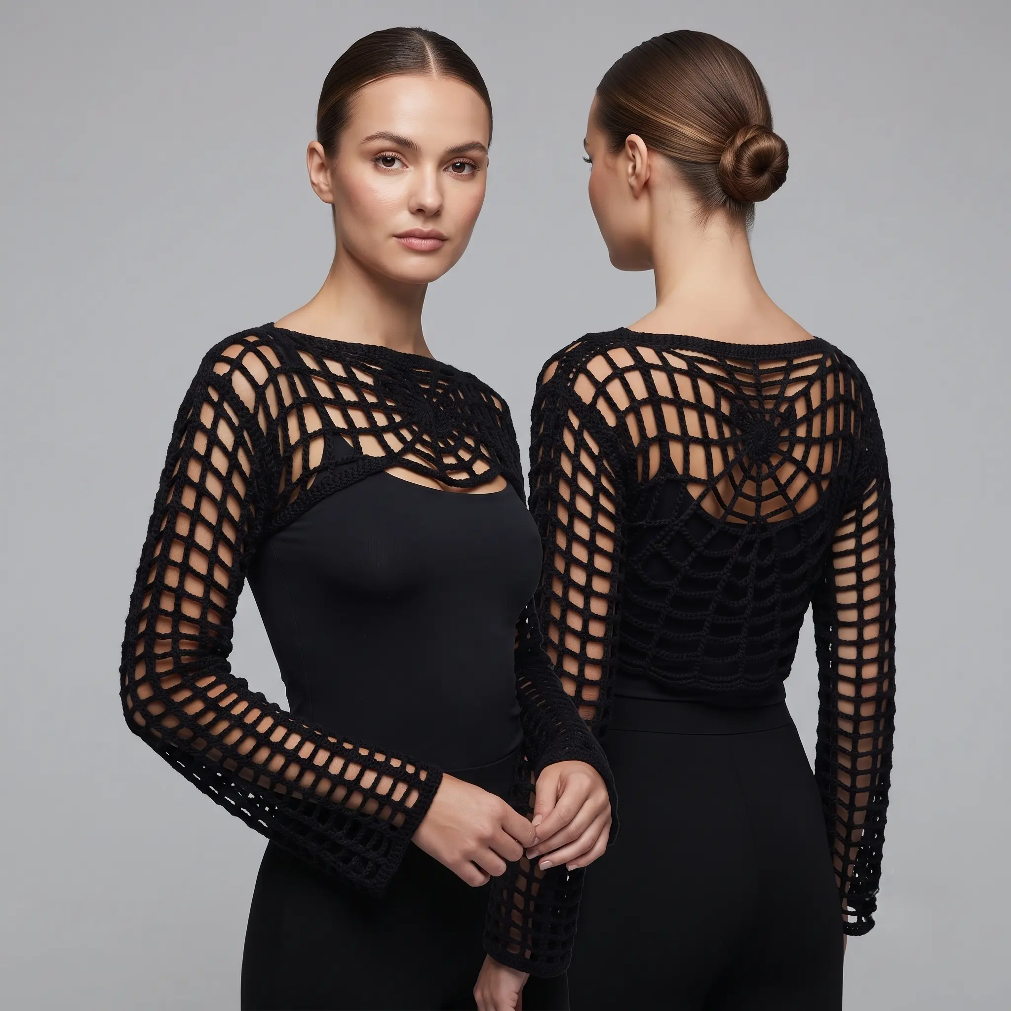 lady wearing sexy halloween crochet top outfit showing front and back