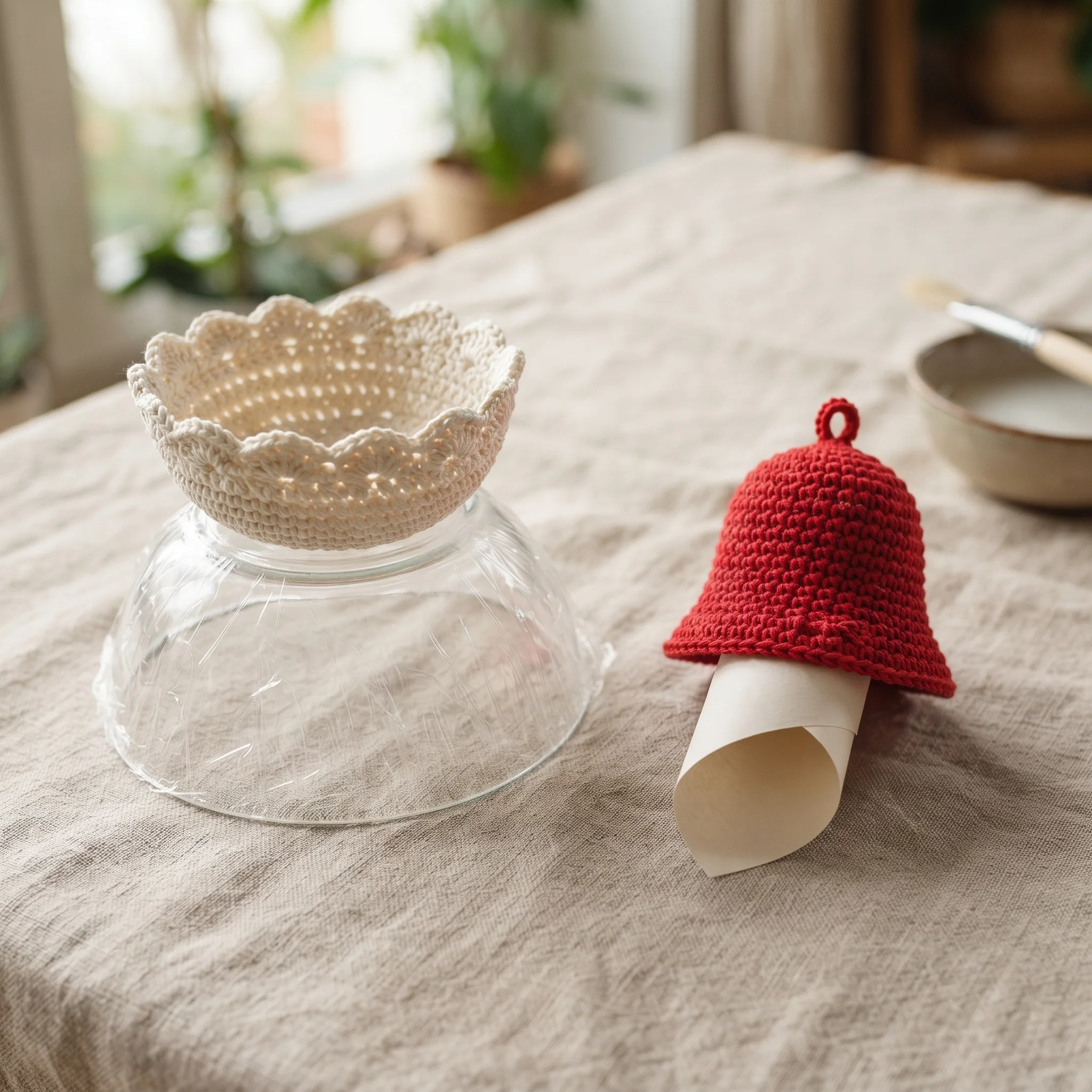 Crochet bowl drying over a glass bowl and a crochet bell drying on a paper cone