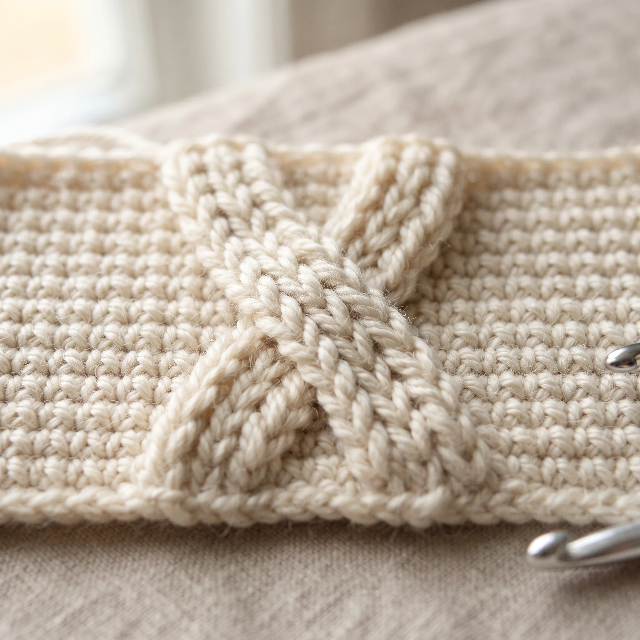 Close up of a crossed crochet cable made with front post stitches