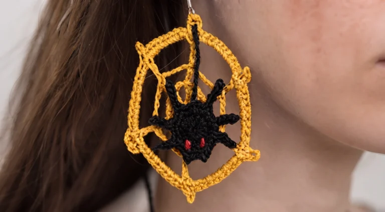 Yellow crochet spider web earrings with dangling black spider