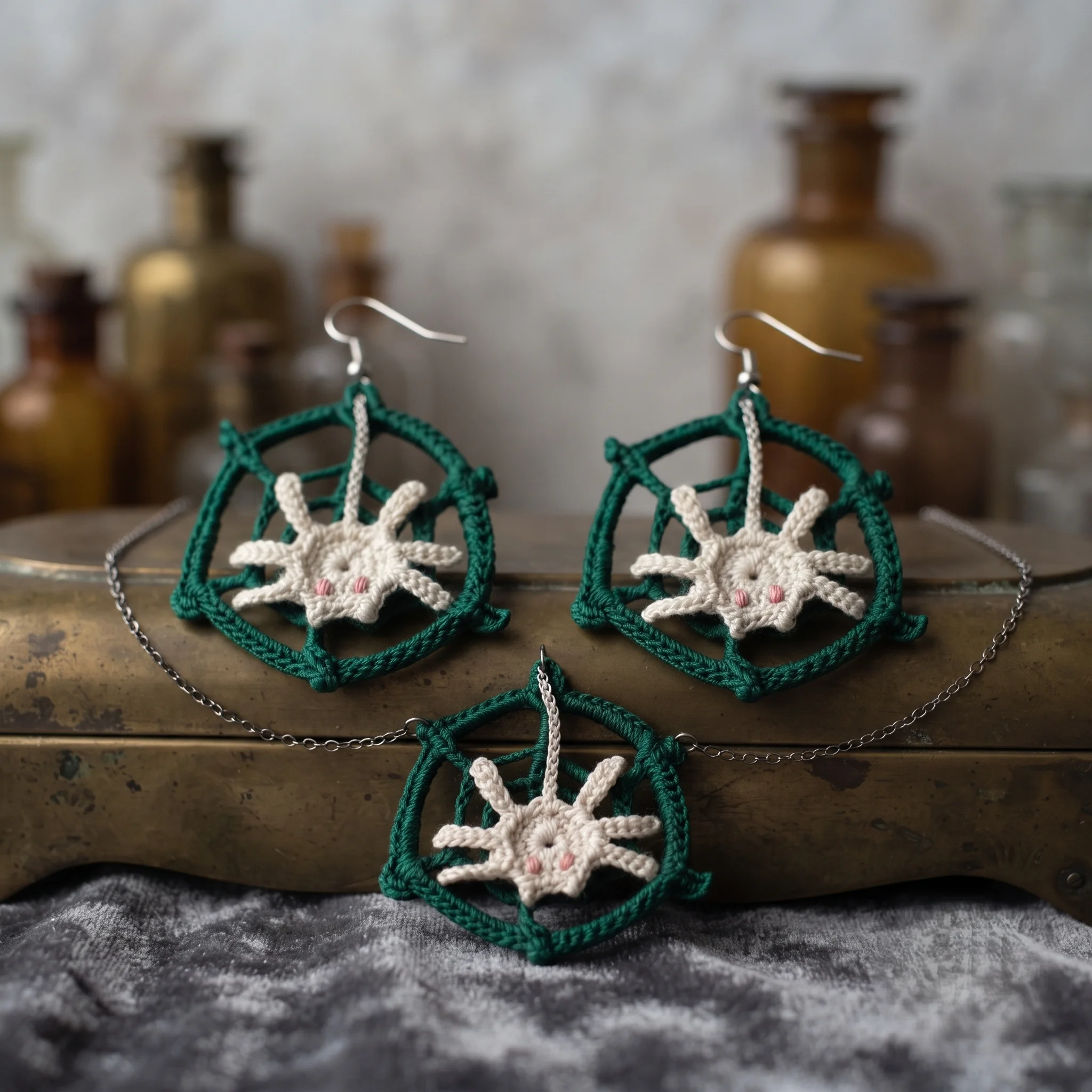 Crochet spider web necklace and earrings with white spider charm