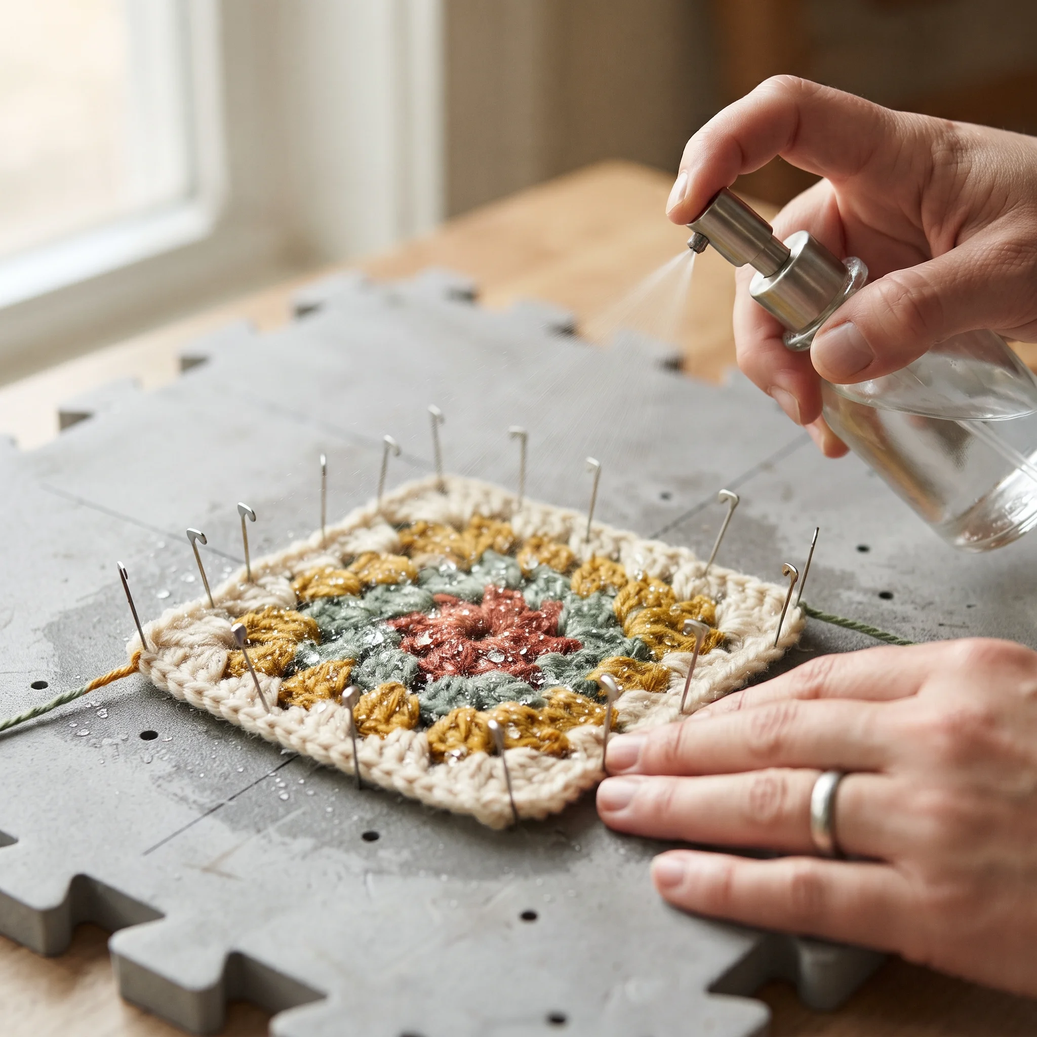 Hands spraying water on a pinned crochet granny square