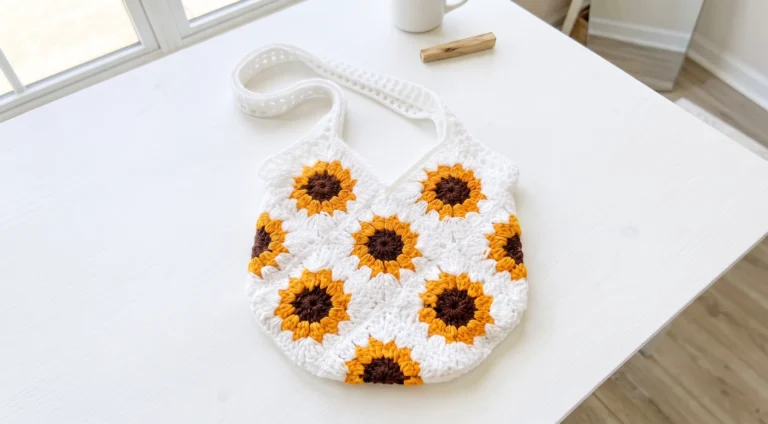 Crochet bag made from sunflower granny squares in brown, orange and white