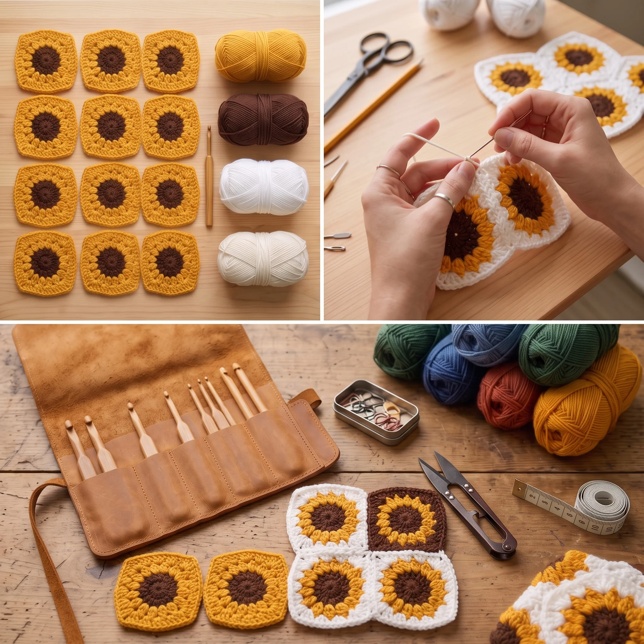 Single sunflower granny square with brown centre and orange petals and making of these into bag