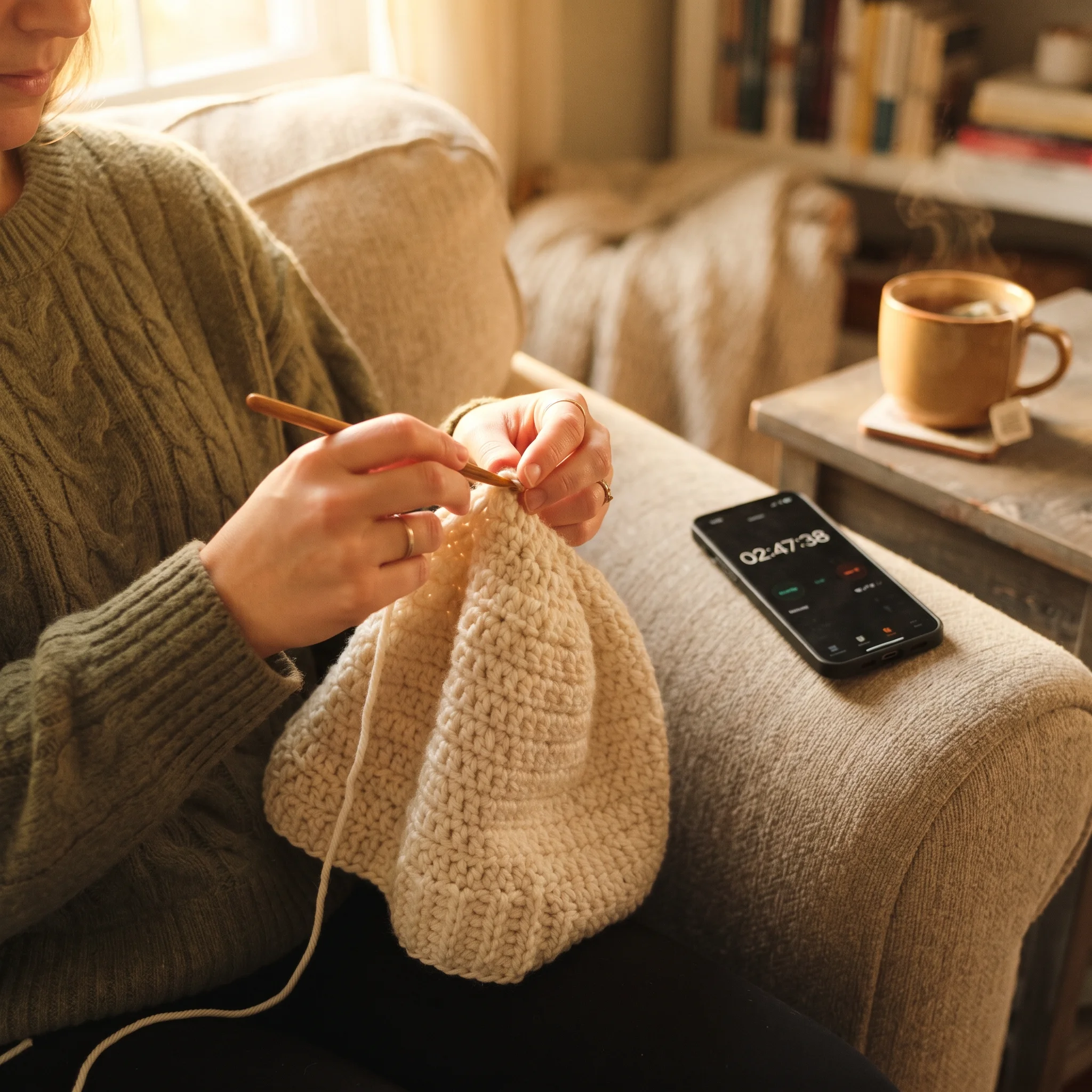 Hands crocheting a beanie with a phone stopwatch tracking making time	