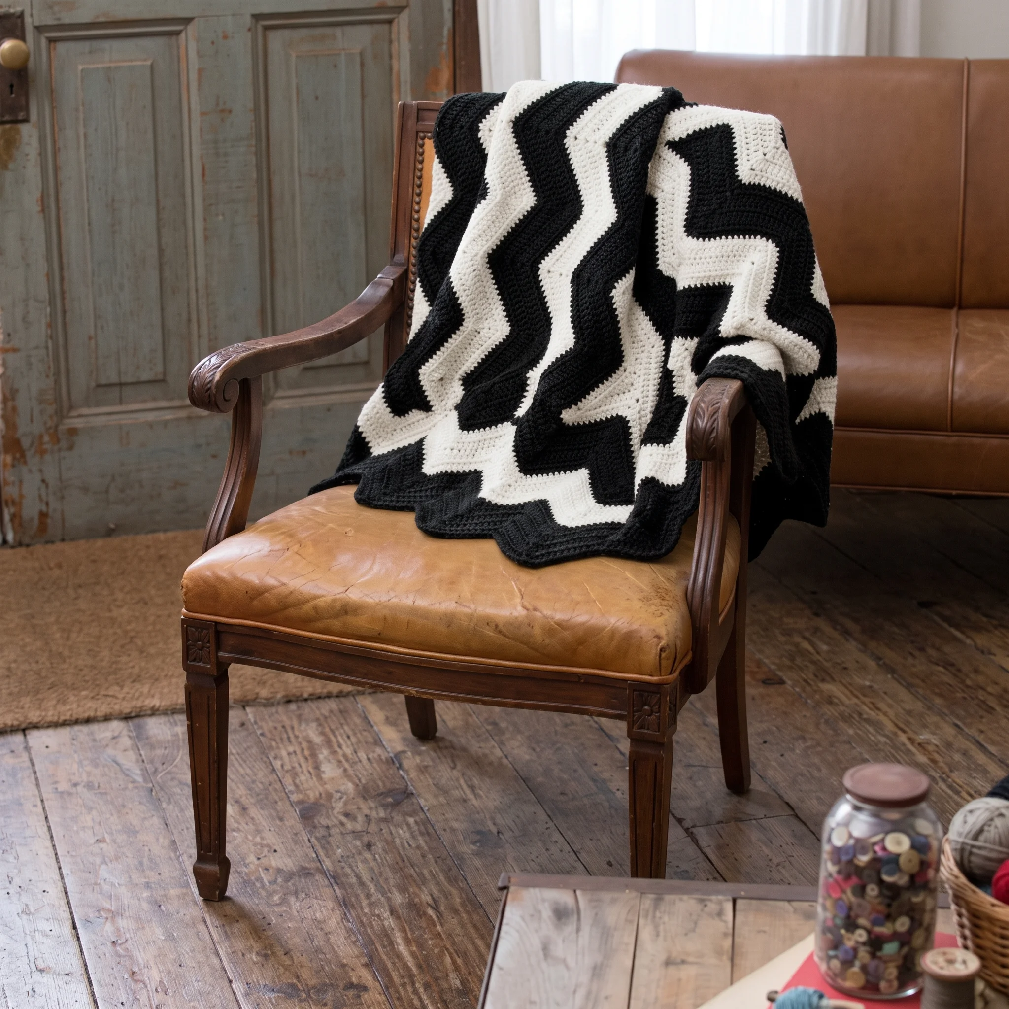 Black and white chevron crochet throw blanket on a sofa